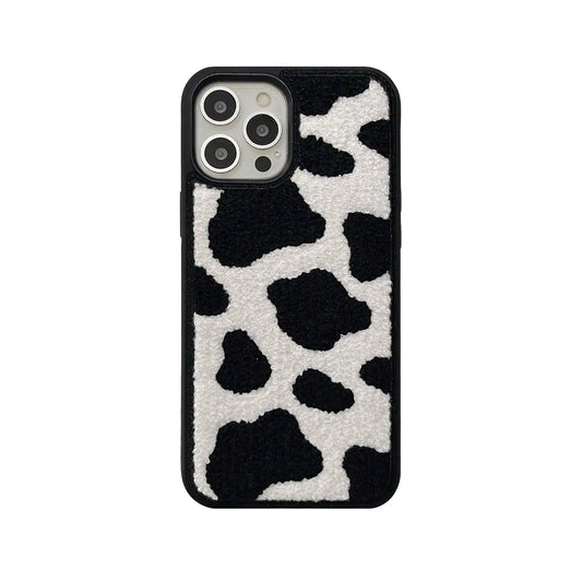 Black & White Dairy Cattle Cow Print Phone Case Compatible with iPhone 15 Pro Max,Cute Embroidery Winter Warm Fur Carpet Case,Soft Fluffy Case for iPhone 15 Pro Max 6.7'' 2023(Cow)